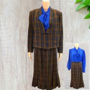 VINTAGE SANTA CRUZ -- Women's Suit, Blue/Brown/Black, Crop Jacket & Pencil Skirt